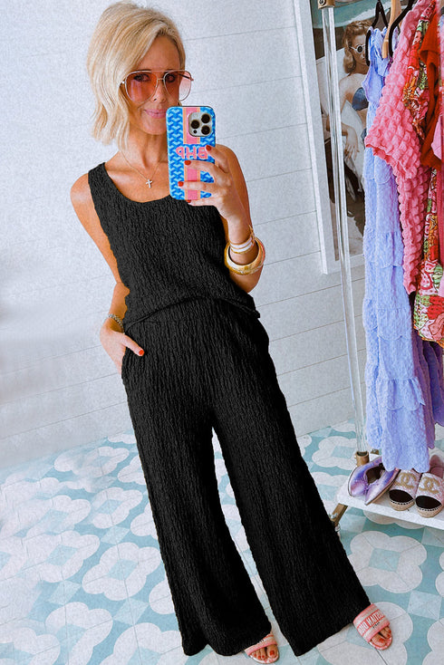 Crinkled U Neck Tank Top and Wide Leg Pants Set